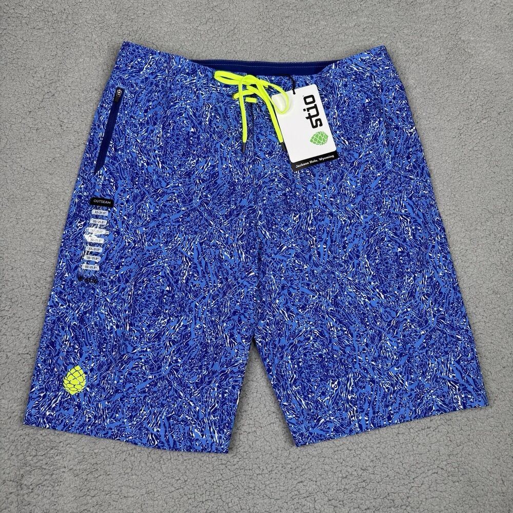 Stio CFS Board Short Men 32 Blue Waves 21.5" Swim Surf Stretch Quick Dry UPF New